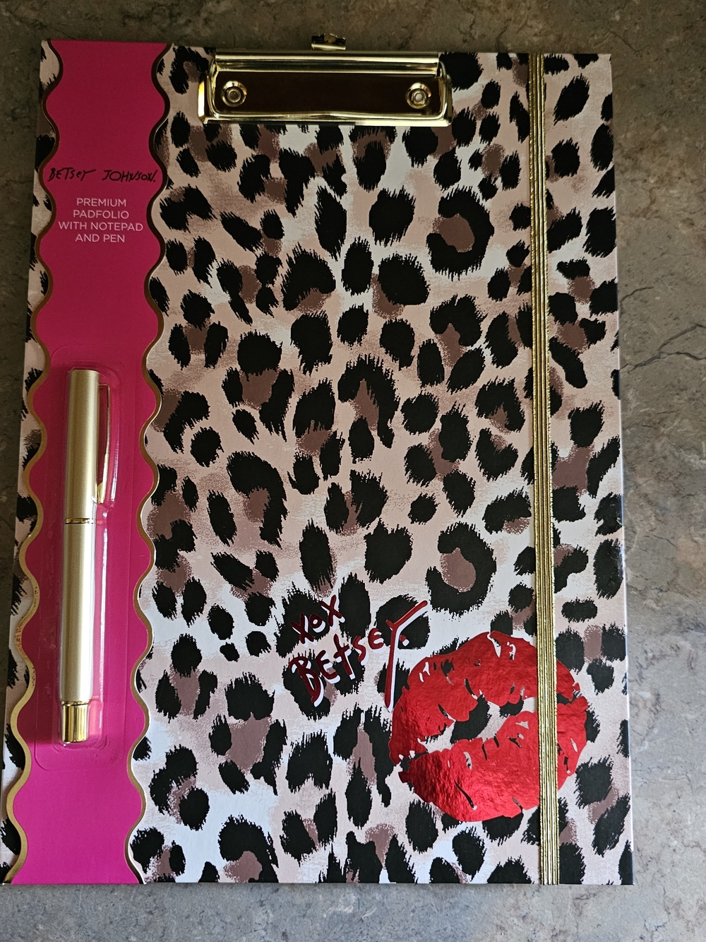 Betsey Johnson Leopard Accent Print Premium Padfolio/Clipboard W/ Notepad & Pen
